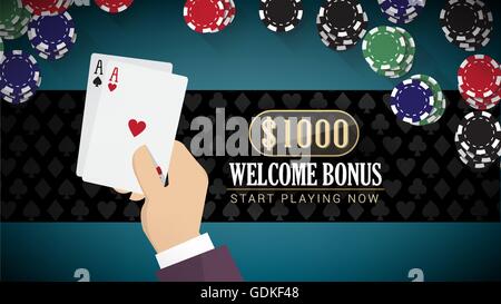 Poker online banner con mano che regge due assi e patatine tutti intorno a Illustrazione Vettoriale