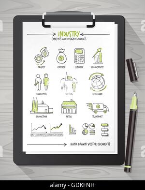 Disegnato a mano le icone del settore e concetti su un foglio di appunti e penna Illustrazione Vettoriale