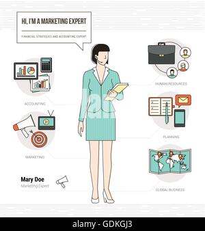 Professionista esperto di marketing competenze infografico riprendere con gli strumenti di lavoro, le attrezzature e le icone Illustrazione Vettoriale