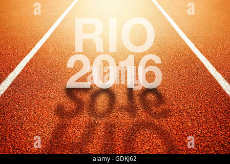 Rio Olimpiadi 2016 titolo su athletic sport via di corsa, immagine concettuale per eventi che si svolgono in Brasile Foto Stock
