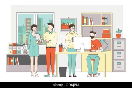 Persone che lavorano insieme in ufficio, il lavoro di squadra, la cooperazione e la creatività concetto, sottile linea di personaggi e oggetti Illustrazione Vettoriale