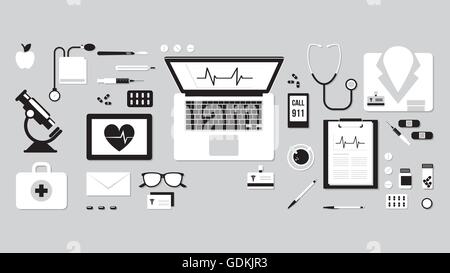 Doctor's desktop con delle cure mediche di strumenti e apparecchiature, laptop, tablet e telefono Illustrazione Vettoriale