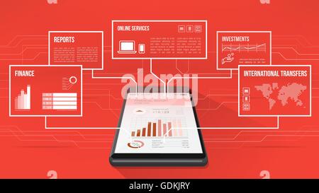 Smartphone con web e dati finanziari cornici in alto Illustrazione Vettoriale