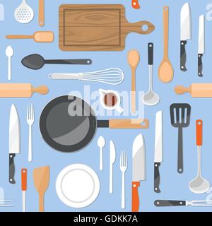 Utensili da cucina seamless pattern con stoviglie apparecchiature su azzurro sfondo pastello Illustrazione Vettoriale