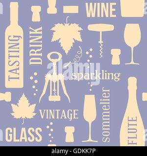 Vino e bere vintage modello senza giunture, due colori, con tappi di sughero, cavatappi e foglia di vite Illustrazione Vettoriale