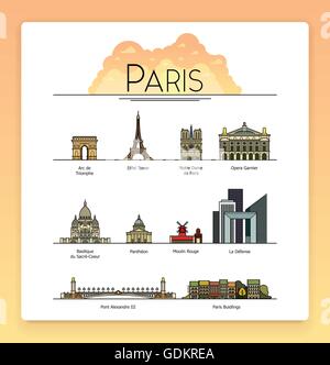 Linea del vettore art paris, Francia, viaggi i punti di riferimento e architettura icon set. Le destinazioni turistiche più popolari, strade, cattedrali, palazzi, simboli della città Illustrazione Vettoriale