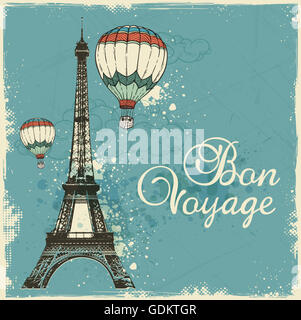 Scheda Vintage con la Torre Eiffel e aria palloncini. Sfondo di viaggio con 'Bon voyage' caratteri. Foto Stock