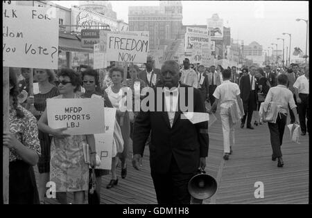 Americano africano e white Mississippi libertà Partito Democratico sostenitori holding segni la lettura di "libertà ora' e 'MFDP supporta LBJ' mentre marcia sul lungomare al 1964 Convenzione Nazionale Democratica. Warren K. Leffler, fotografo. Foto Stock