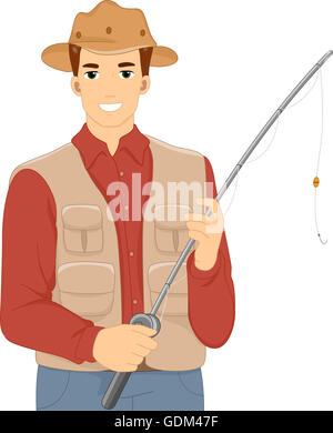 Illustrazione di un uomo azienda in un corpetto e Matching Hat tenendo una canna da pesca Foto Stock