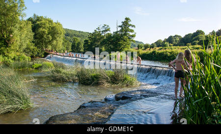 Persone nuotare nel fiume Avon. Centinaia accorrono per Warleigh stramazzo 3 miglia dal bagno, il giorno più caldo dell'anno. Foto Stock