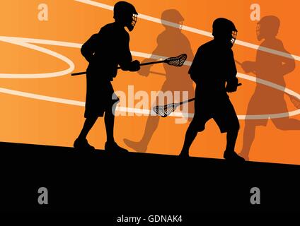 Lacrosse giocatori sport attivo sagome illustrazione dello sfondo Illustrazione Vettoriale