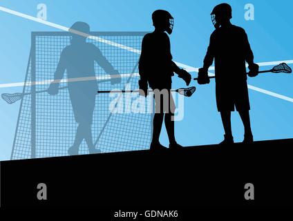 Lacrosse giocatori sport attivo sagome illustrazione dello sfondo Illustrazione Vettoriale