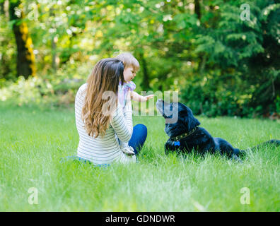 Toddler femmina e madre petting labrador in posizione di parcheggio Foto Stock