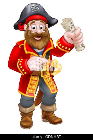 Pirate personaggio dei cartoni animati di puntamento capitano tenendo un tesoro mappa Foto Stock