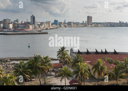 La fortezza e il Malecon waterfront su entrambi i lati dell'entrata al porto di Havana, Cuba Foto Stock