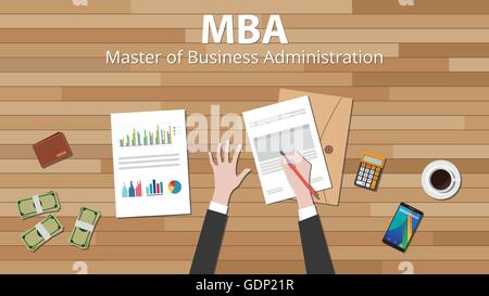 Mba Master of Business Administration con imprenditore il lavoro a mano su alcuni documenti di carta sulla parte superiore della tavola di legno Illustrazione Vettoriale