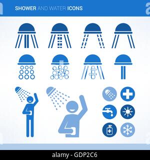 Doccia e soffione doccia set di icone, pulizia e igiene del concetto Illustrazione Vettoriale