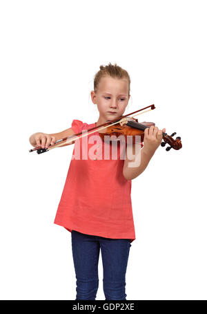 Ragazza che piange con violino su sfondo bianco Foto Stock