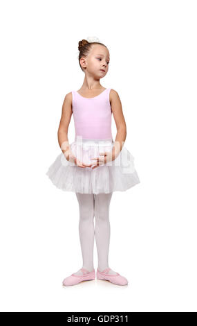 Ragazza danze balletto in lei ballerina tutu, isolato su bianco Foto Stock