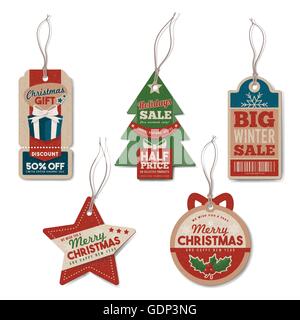 Vintage tag Natale insieme con la stringa, testurizzata carta realistico, vendita al dettaglio, la vendita e il concetto di sconto Illustrazione Vettoriale