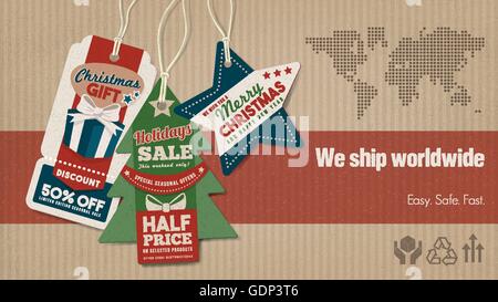 Spedizione in tutto il mondo e le vendite banner con tag, la scatola di cartone e di sfondo mappa del mondo, lo shopping di Natale concept Illustrazione Vettoriale