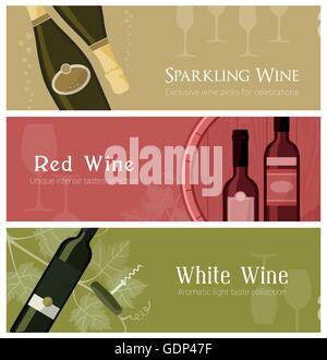 Vino set di banner con bicchieri da vino bottiglie e canna, compreso il bianco, rosso e spumante Illustrazione Vettoriale