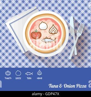 Tonno & Cipolla pizza su un piatto con ingredienti icona e nome ricetta in basso Illustrazione Vettoriale