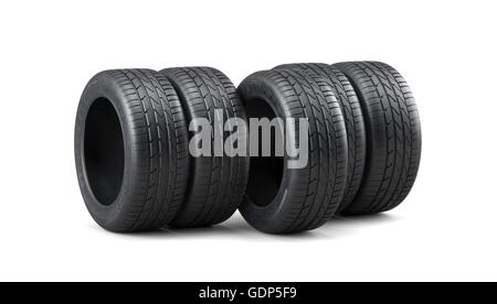 3D render di pneumatici per auto pila isolati su sfondo bianco Foto Stock