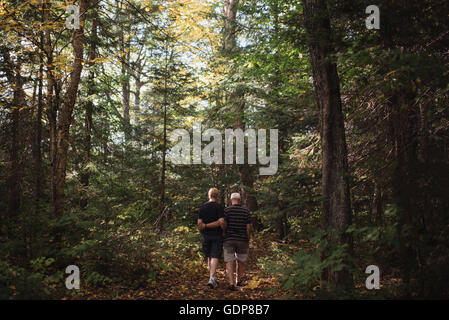 Coppia senior camminare attraverso la foresta, vista posteriore Foto Stock