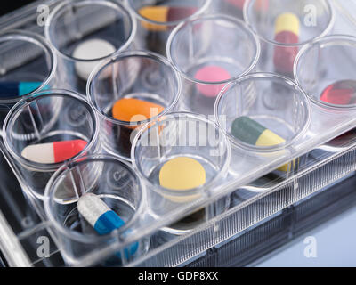 La ricerca farmaceutica, ravvicinata di una varietà di applicazioni mediche di farmaci in una multi e il vassoio per i test di laboratorio Foto Stock