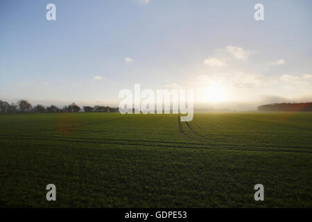 Nuvole scure e la nebbia si avvicinano sul blu cielo soleggiato sopra la città di Grubenhagen vicino a Greifswald, Mecklenburg-Vorpommern, germe Foto Stock