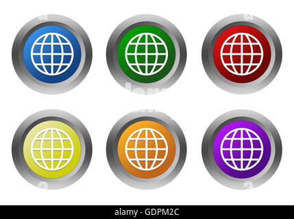 Set di colorati pulsanti rotondi con simbolo mondiale in blu, verde, giallo, arancione, viola e rosso Foto Stock