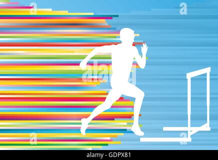La via e il campo atleta competere durante la corsa ad ostacoli barriera vettore in esecuzione il concetto di sfondo Illustrazione Vettoriale
