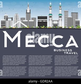 La mecca skyline con punti di riferimento, cielo blu e riflessione. illustrazione vettoriale. viaggi e turismo concetto con edifici storici. Illustrazione Vettoriale