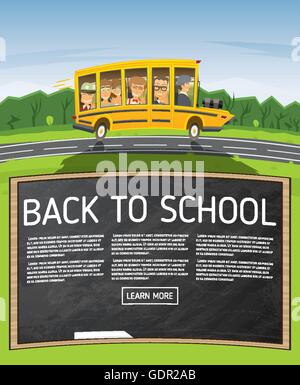 Si torna a scuola. Illustrazione Vettoriale. Giallo Scuola Bus in stile Cartoon con gli alunni e copia dello spazio. Torna a scuola con il concetto Illustrazione Vettoriale