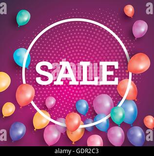 Vendita poster su sfondo rosso con palloncini volanti e cerchio bianco telaio. Illustrazione Vettoriale. Vendita banner con mezzitoni Illustrazione Vettoriale