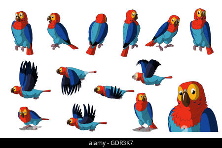 Set di Macaw Parrot immagini. La pittura digitale a colori in stile fumetto illustrazione isolati su sfondo bianco. Foto Stock