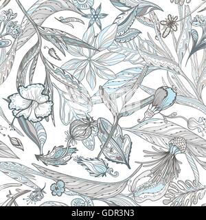 Seamless texture con orientale esotico di foglie e fiori in bianco, marrone e blu per i tessili e i wallpaper design Illustrazione Vettoriale