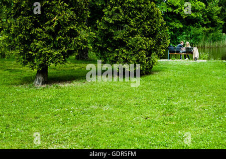 Coppia seduta su una panchina vicino al lago Foto Stock