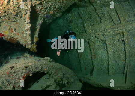 Femmina sub all'interno del relitto della SS Dunraven, Mar Rosso, Egitto Foto Stock