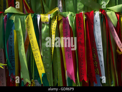 Messaggi di pace e di unità scritto su nastri a sinistra sulla recinzione al dmz, Sudogwon, Paju, Corea del Sud Foto Stock