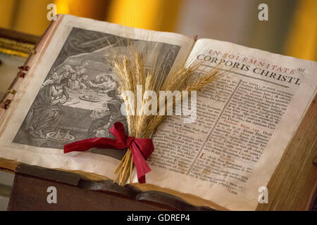 Bibbia illustrata con gioielli di perline, Bibbia latina, Corporis Christi, Capela dos Ossos parede,, Cappella delle Ossa, osso cappella, Foto Stock