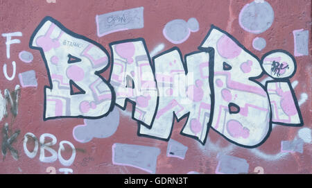 Un potente semplice illustrazione di graffiti, noto come 'Bambin' che è spruzzato su una, rivestite di parete ed un grande di legno, porta. Foto Stock