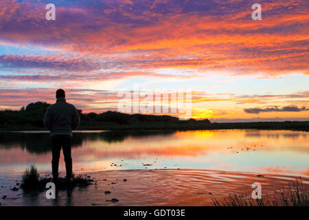 Meteo REGNO UNITO: Sunrise, Southport, Merseyside, Regno Unito. 21-Lug-16. Un uomo orologi il Rising Sun oltre le zone umide di Southport salmastre del. Dopo i temporali e pioggia al di sopra del nord-ovest d'Inghilterra ieri, questo glorioso dawn le previsioni del giorno prima. Credito: Cernan Elias/Alamy Live News Foto Stock