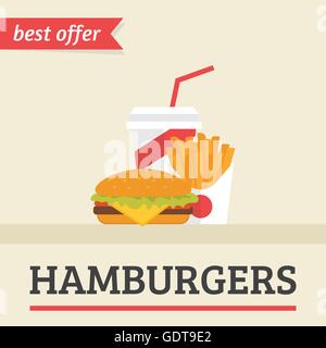 Il pranzo patatine fritte, hamburger e soda da asporto Illustrazione Vettoriale