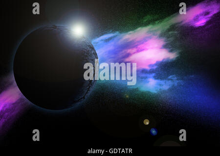 Pianeta blu sullo spazio con colorati nebula Foto Stock