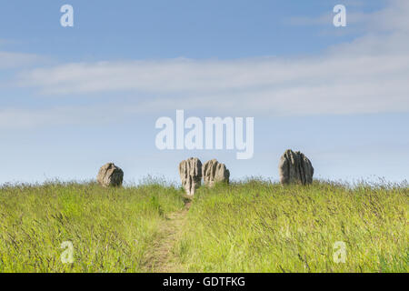 Duddo Stone Circle, un antico cerchio di pietra, monumento storico sotto il sole in un coltivatore del campo del Northumberland Foto Stock
