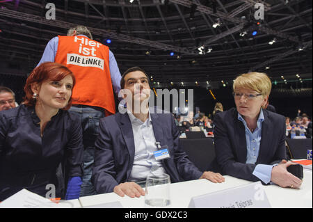 Katja Kipping, Alexis Tsipras e Gabi Zimmer a Berlino, Germania, 2014 Foto Stock