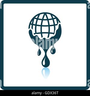 Il pianeta con un flusso di acqua verso il basso e la relativa icona. Ombra di design di riflessione. Illustrazione Vettoriale. Illustrazione Vettoriale