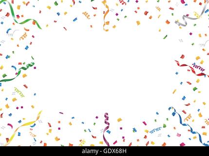 Coriandoli e streamer telaio su sfondo bianco Illustrazione Vettoriale